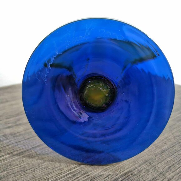 Vtge Blenko Glass Millennium Opaline Yellow Cobalt 12.25” Label Signed Fan Vase - Picture 6 of 7